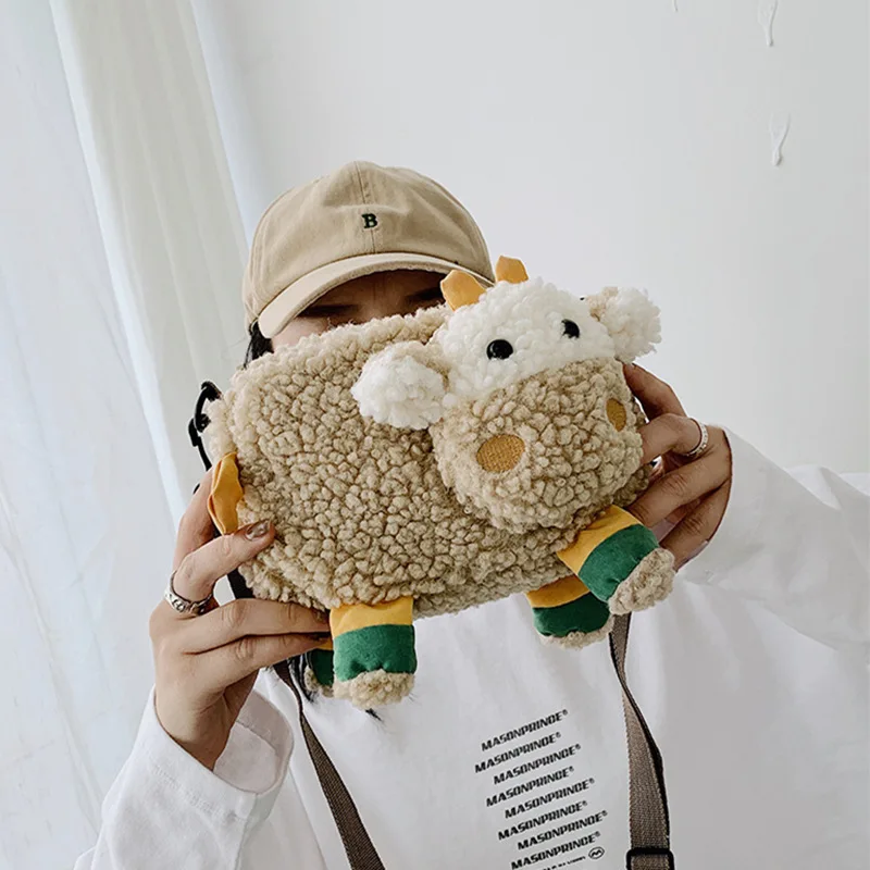

Cute Cartoon Kids Crossbody Bags Winter Plush Princess Girl Messenger Bags Travel Mini Lamb Fleece Shoulder Bags Photo Props