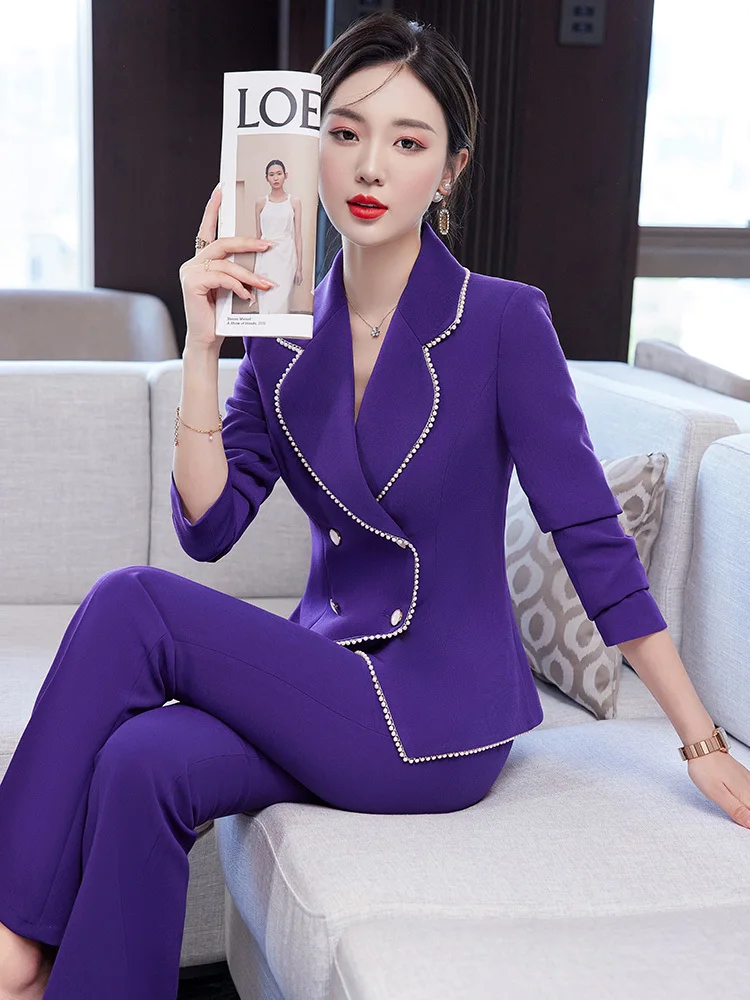 Elegant Purple Women Formal Professional Business Suits with Pants and Jackets Coat Career Interview Pantsuits Trousers Set