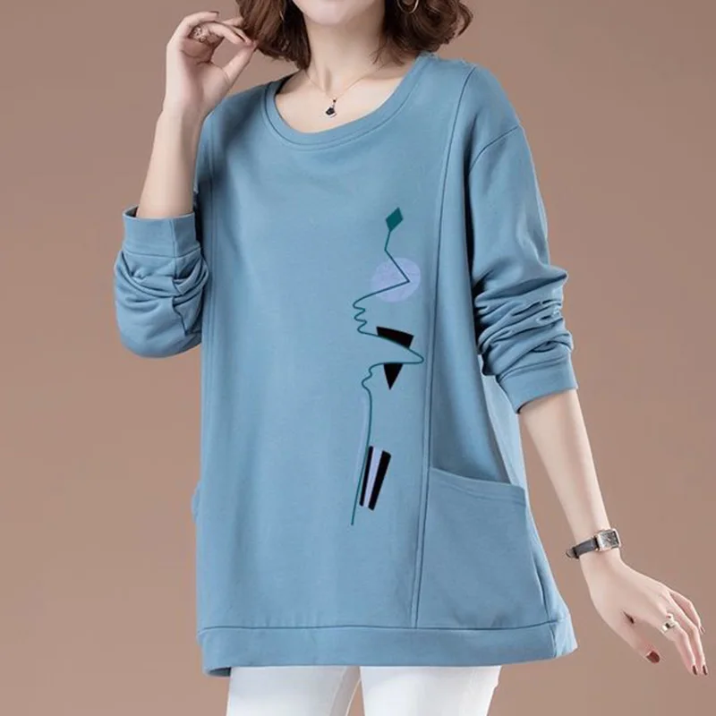 Casual Spring Autumn Women's Clothing Round Neck Long Sleeve Midi Pullovers Solid Splicing Pockets Cotton Material Sweatshirts
