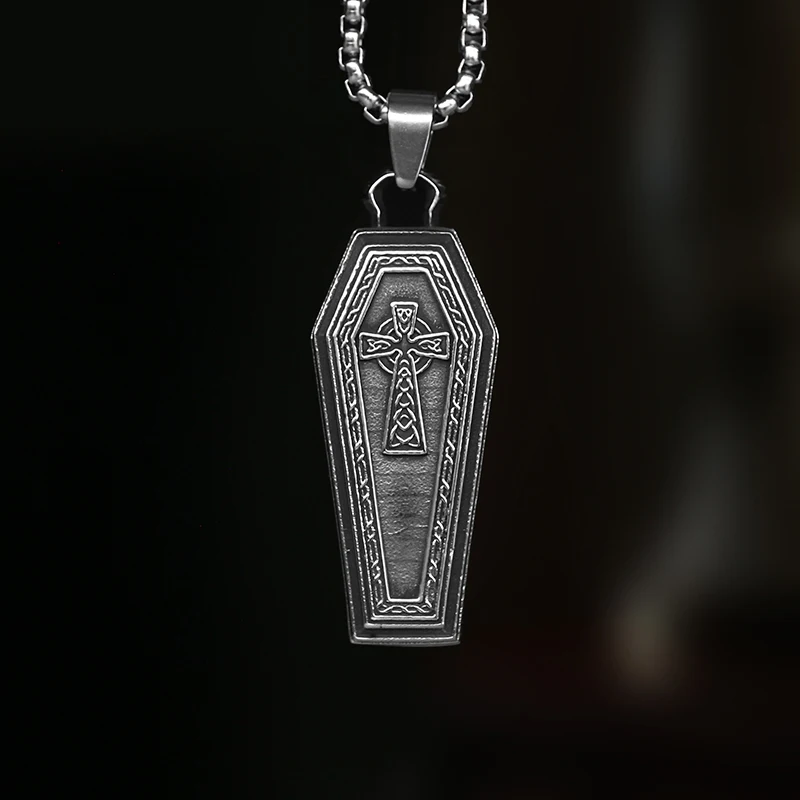 Wholesale Price Punk Rock Stainless Steel Gothic Coffin With Cross Pendant Necklace With Chain For Man Party/Halloween Gift