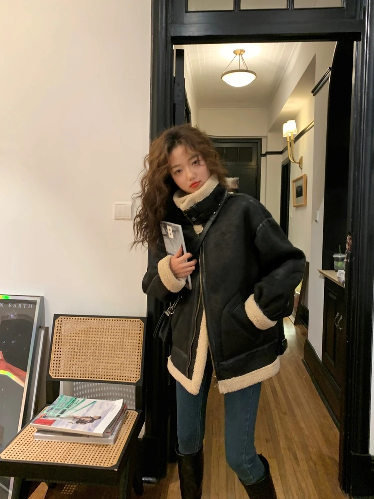 Korobov Women Stand Collar Imitation Lambwool Coat Female Winter 2022 Korean Style Jacket Loose Plus Velvet Thick Chaquetas