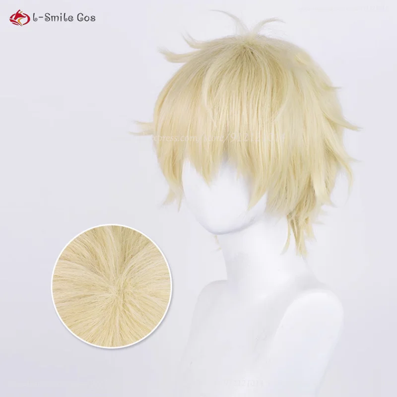 Pelucas de Cosplay de Anime Shima Sousuke para hombres, cabello sintético resistente al calor, gorra de peluca, dorado claro, Cruly, 30cm