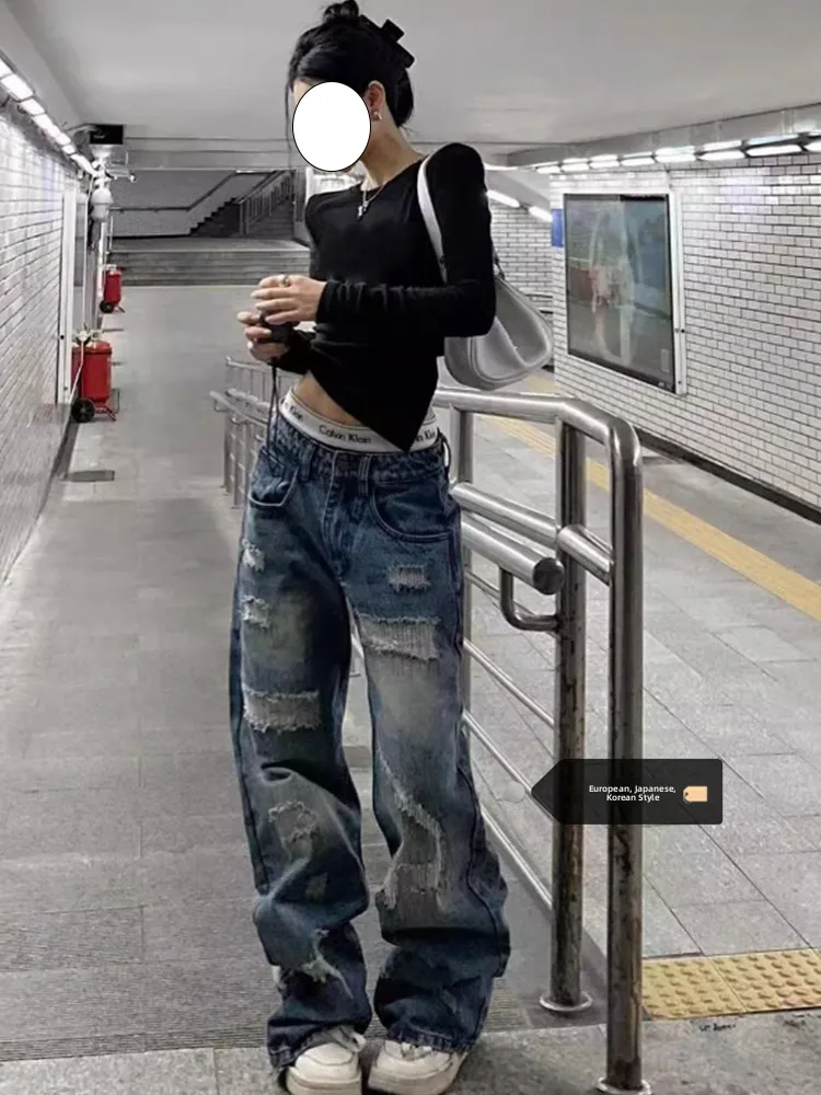 

Retro Large Size American Washed Hole Denim Pants High Waist Wide Leg Loose Fit Summer Women's Jeans Straight Cut Trousers