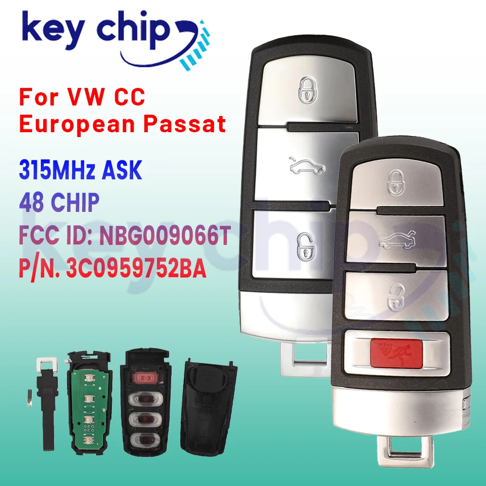 NBG009066T 3C0959752BA Smart Remote Car Key Fob 4 Buttons 315MHz ID48 for VW Volkswagen Passat 2006-2013 CC 2009-2015 FCCID