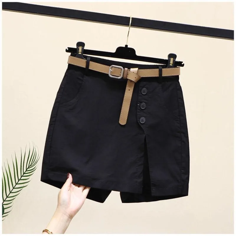 with Belt Cotton Sport Shorts Female Summer 2024 New Comfortable Fashion Button High Waisted A-line Trousers Trousers Skirt traf