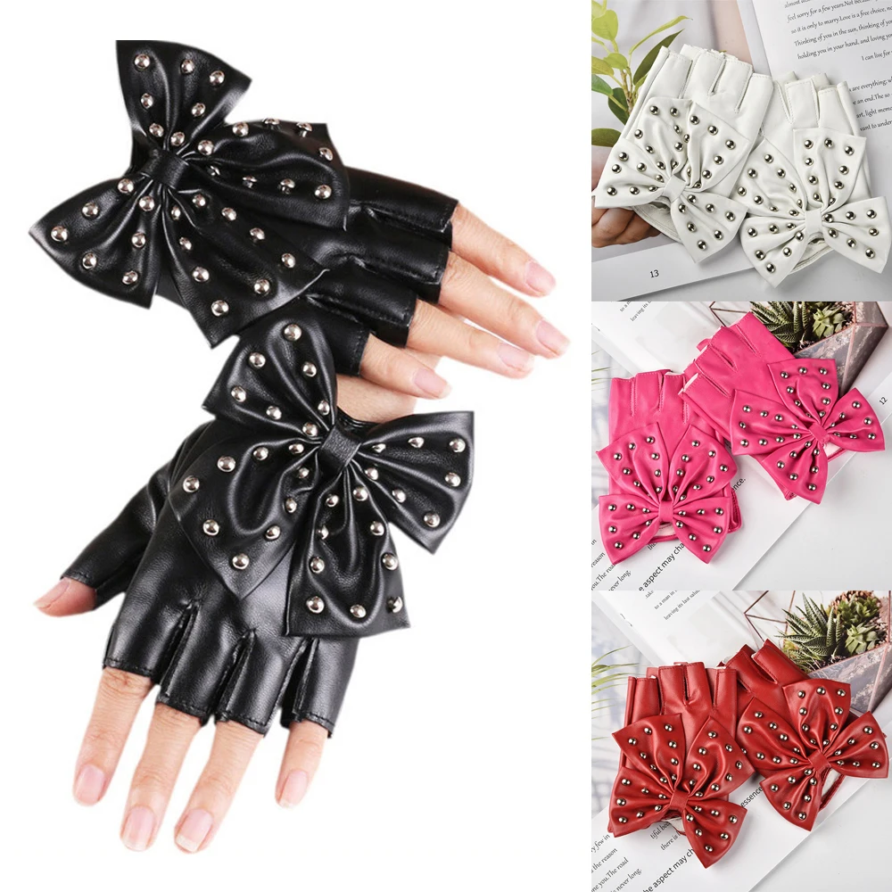 Half Finger Mittens Leather Gloves Big Bow Fingerless Gloves Classic Rivet Party Show Women Fashion High Quality Dancing Gloves