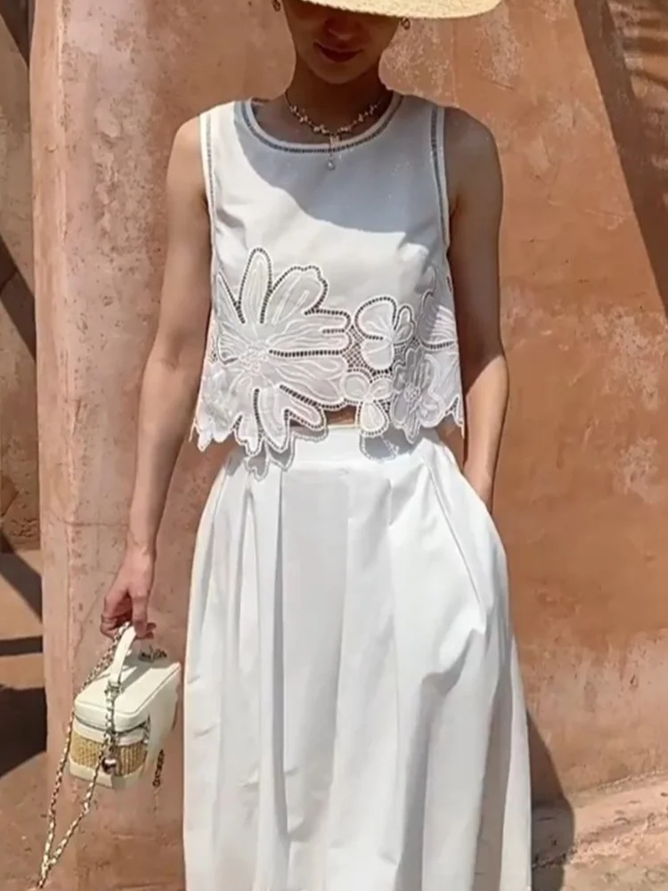 

Жилет с цветочной вышивкой Ele, женский летний новый комплект плиссированной юбки с высокой талией, повседневный комплект из хлопчатобумажной ткани для взрослых