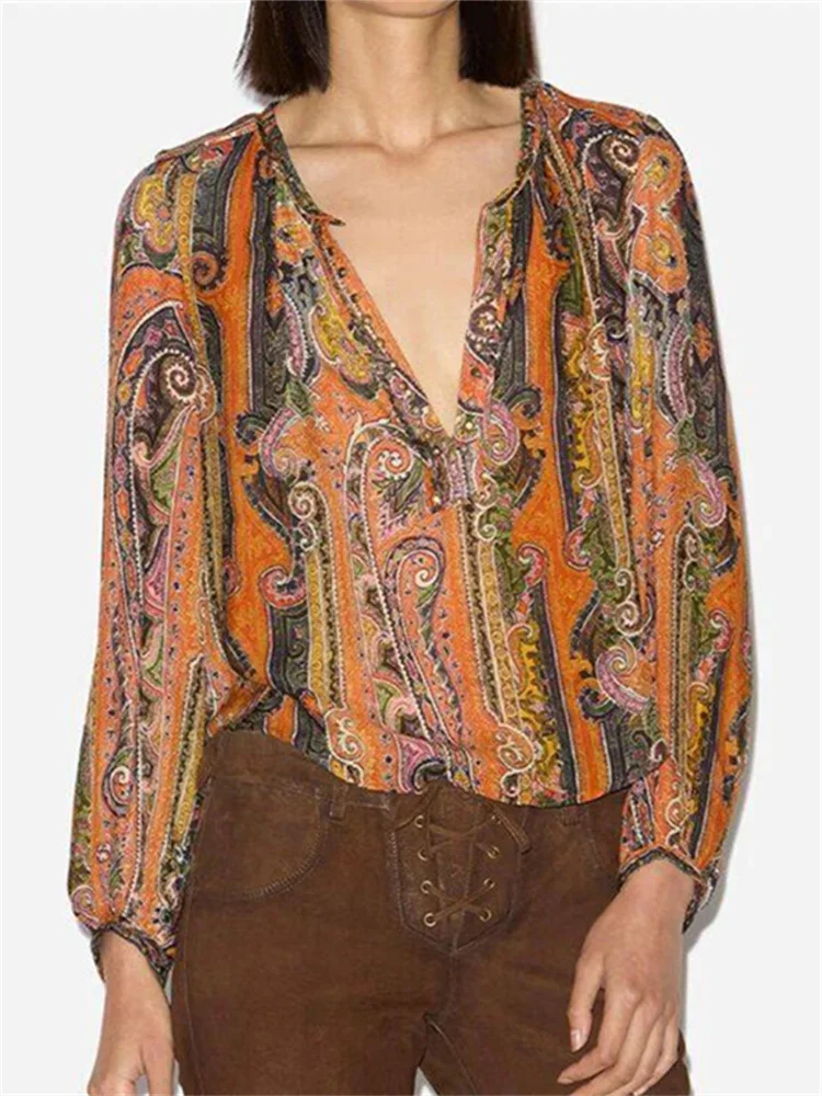 

Fashion Vintage Paisley Print Women Elastic Waist Shorts or Long Sleeve Loose Fit Blouse Fashion Pullover Shirt Tops
