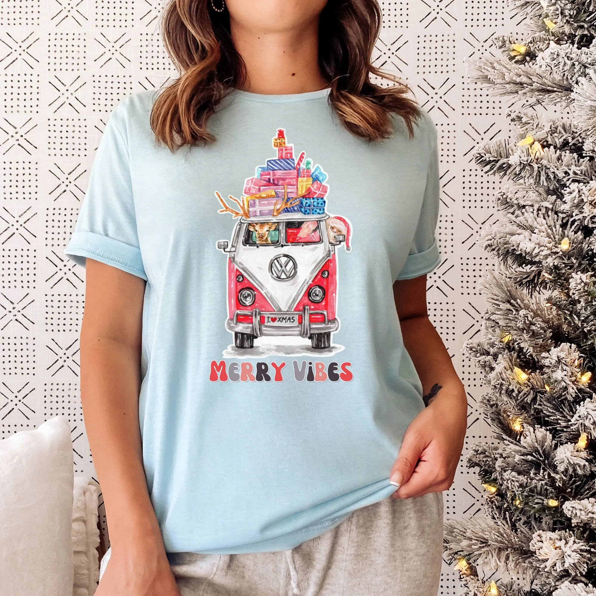 

Hippie Christmas T Shirt Boho Tee Retro Merry Vibes Shopping Groovy Xmas Cute Plus Size