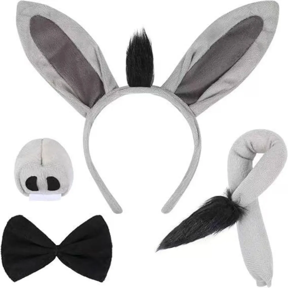 

4PCS Fashion Funny Donkey Costume Set Bow Tie Tail Nose Donkey Ears Headband Animal Cosplay Dress Up Accessory