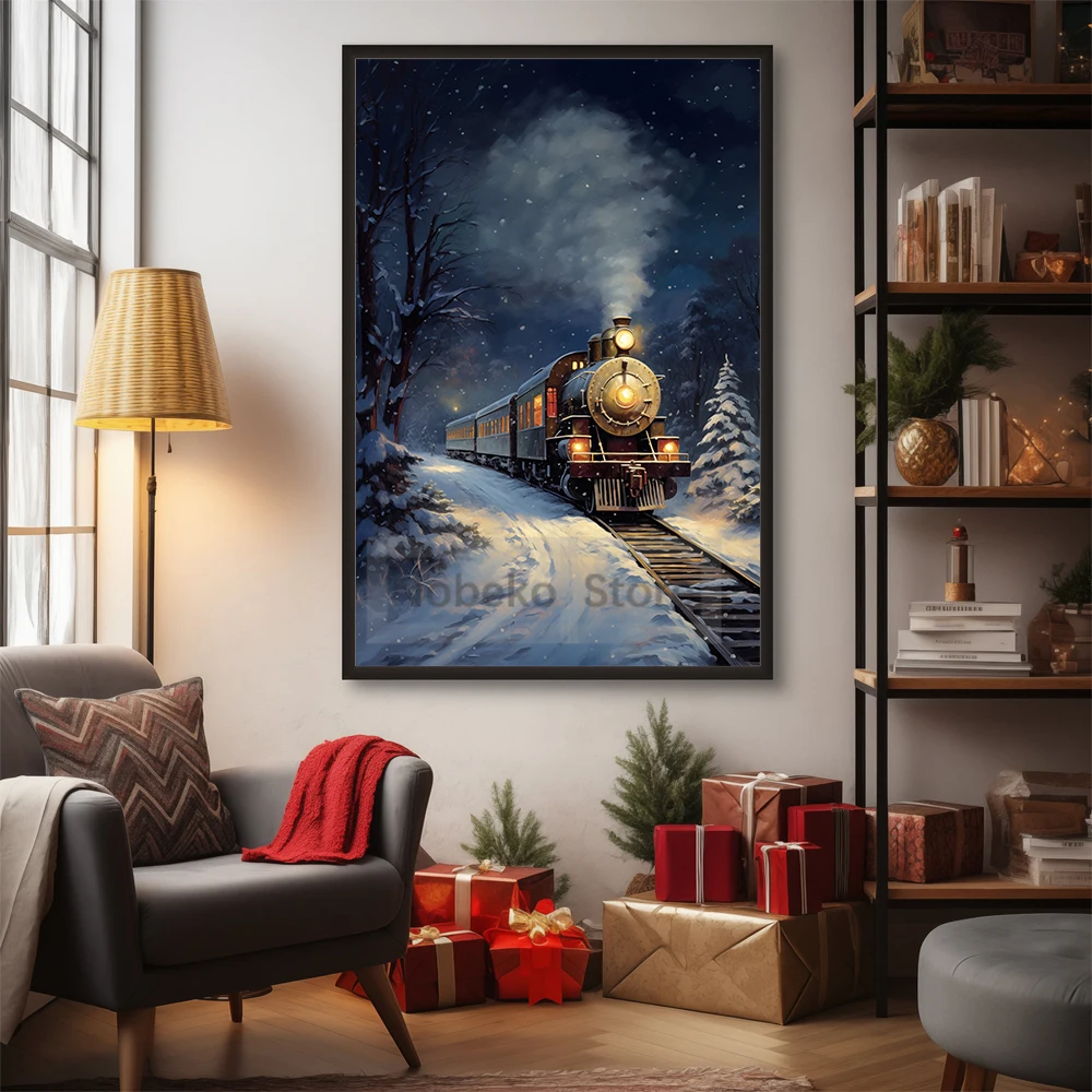 عيد الميلاد القطبية اكسبرس المشارك خمر الشتاء المشهد قطار عيد الميلاد يطبع حائط لوح رسم الفن غرفة المنزل العطلات ديكور
