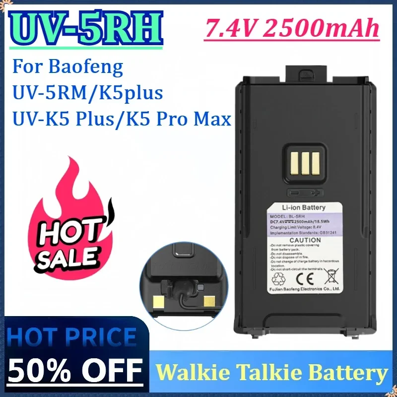 

7.4V 2500mAh Rechargable Battery for Baofeng UV-5RH Pro Type-C Charging UV-5RM UV-K5 Plus K5 Pro Max Walkie Talkie Battery