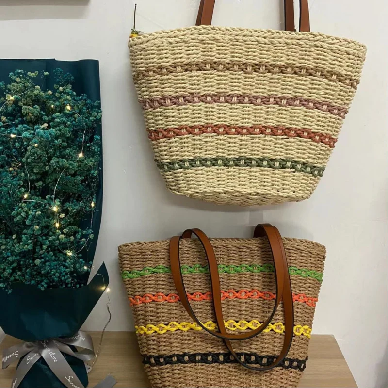 Hand-Woven Korean Style Lazy Style Solid Color Handmade Woven Straw Bag Summer Beach Mori Style Portable Shoulder Bag Women