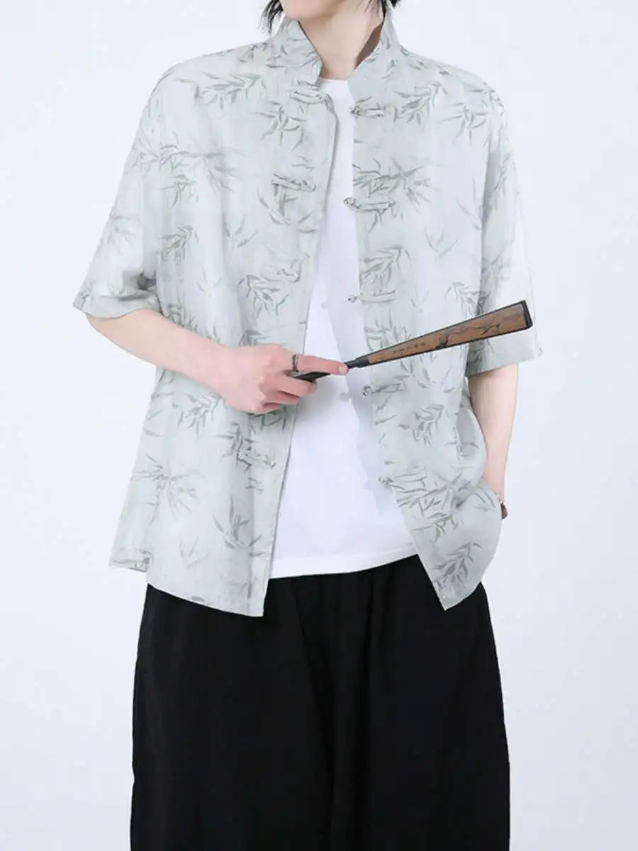 New Spring Summer Men's Bamboo Leaf Print Shirt Lightweight Large Size Trendy Sun Protection Casual Loose Fit Short Sleeve