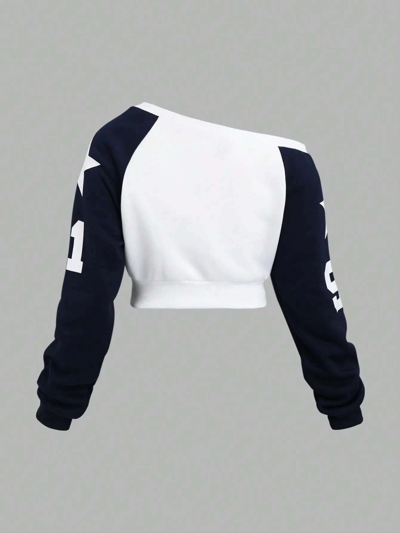 Schulterfreies Crop-Sweatshirt für Damen mit numerischer Grafik, Farbblock-Langarmpullover für den Herbst