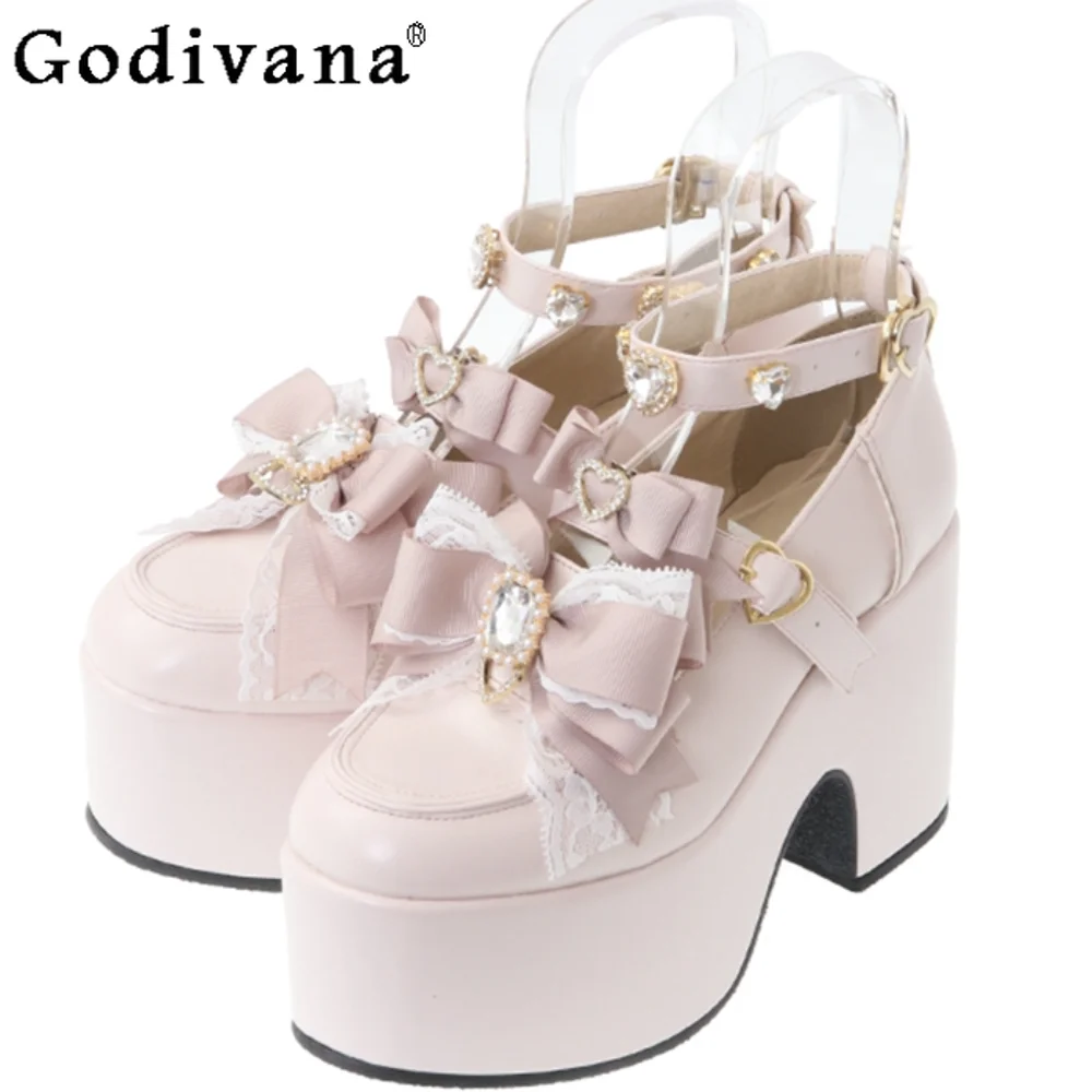 Japanese Sweet Bowknot Rhinestone Chunky Heels Pumps Lolita Kawaii Platform Shoes Women High Heels Single Shoes