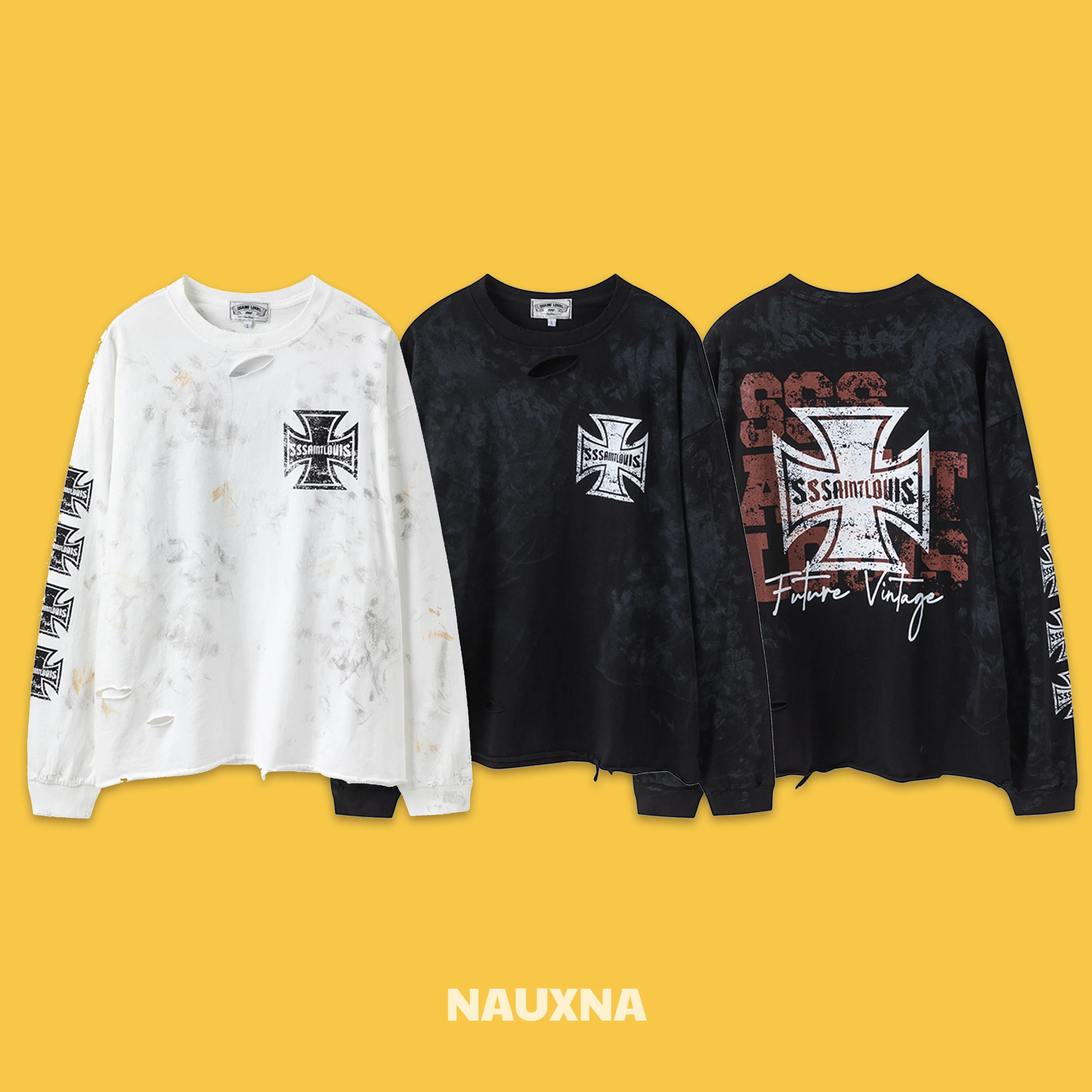 

Street fiti Cross Design Long Sve T-irt Sssaint Louis Loose Fit Cotton Casual Top for Teens Autumn Winter Faion