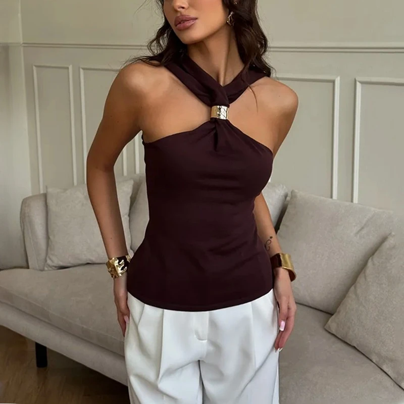 TARUXY Neck Mounted Sexy Backless Vest Women's Solid Sleeveless Slim Stylish Casual Top 2026Summer New Party Club Female T-Shirt