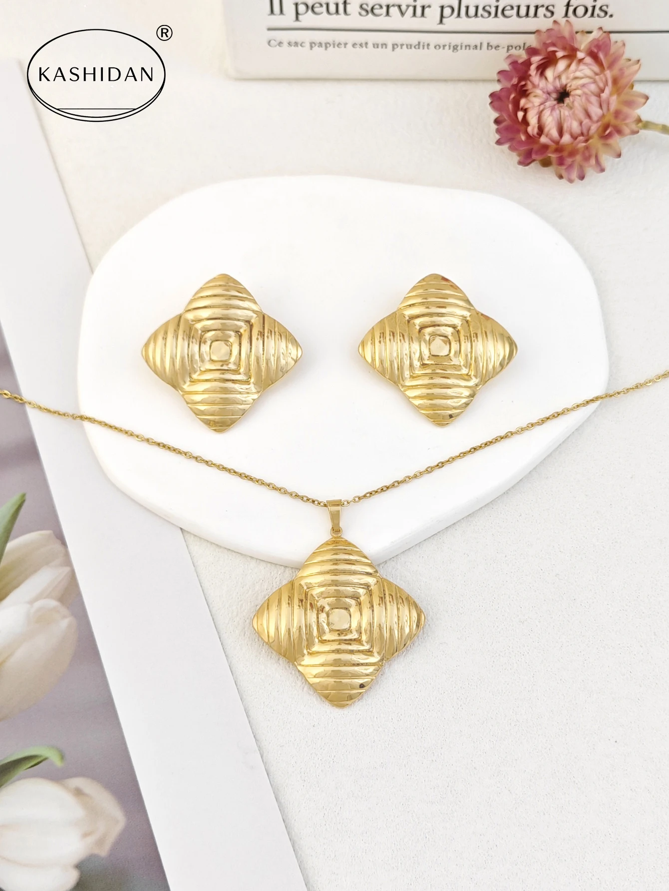 Fashion Stainless Steel Jewelry Set for Women Gold Color Chunky Textured Fluted Rhombus Set