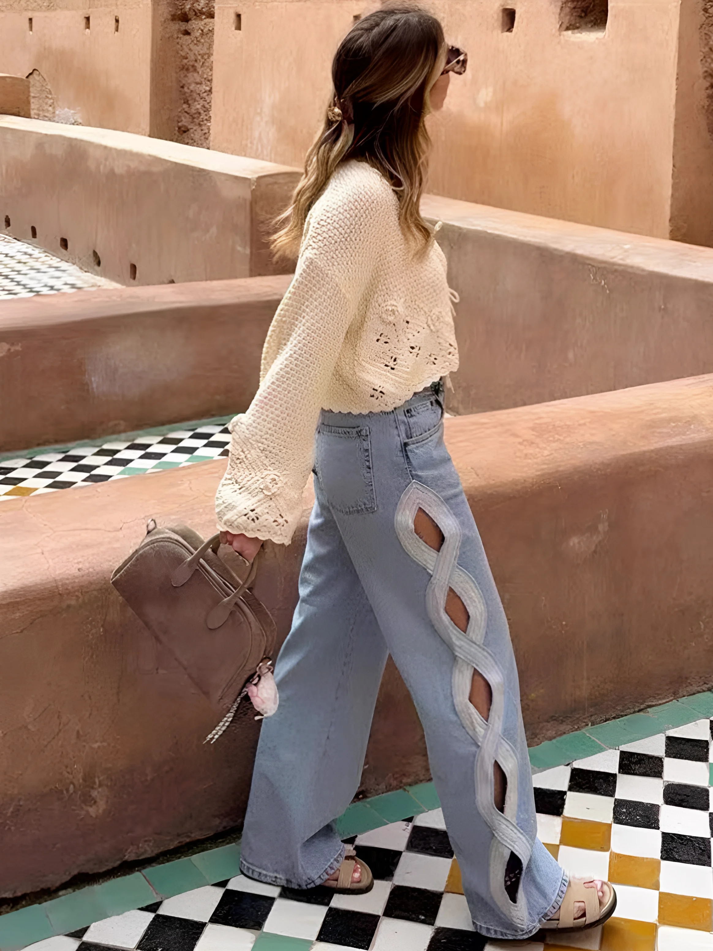 Lost Berlin Retro Fashion Casual High Waist Denim Straight Leg Pants Versatile Design Sense Side Hollow out Ladies Jeans