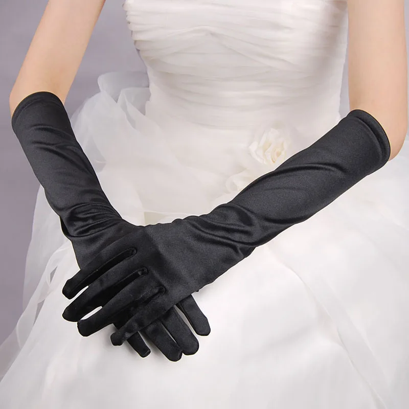 Guantes formales de fiesta de noche para mujer, manoplas de dedo largo de satén de Color sólido para eventos de boda, guantes Vintage rojos, negros