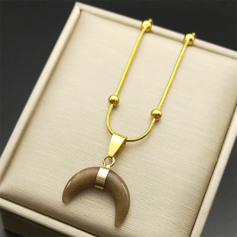 

Fashion Stone Crescent Moon Pendant Necklace Women Men Stainless Steel Gold Color Charms Choker Bead Chain Necklace Jewelry Gift