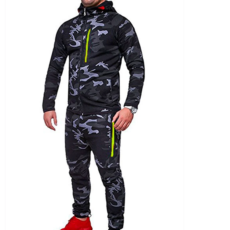 Men\'s Suits Hoodies and Pants Sets Young Men Fashion Camouflage Hooded Coat and Sweatpants Casual Sweatshirts Trousers MY052