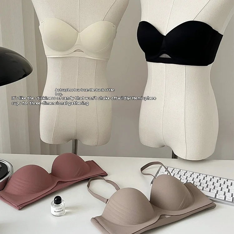 UBAU Half cup nonslip lift strapless underwear female Japanese simple glossy non-marking gathered comfortable non-steel ring bra