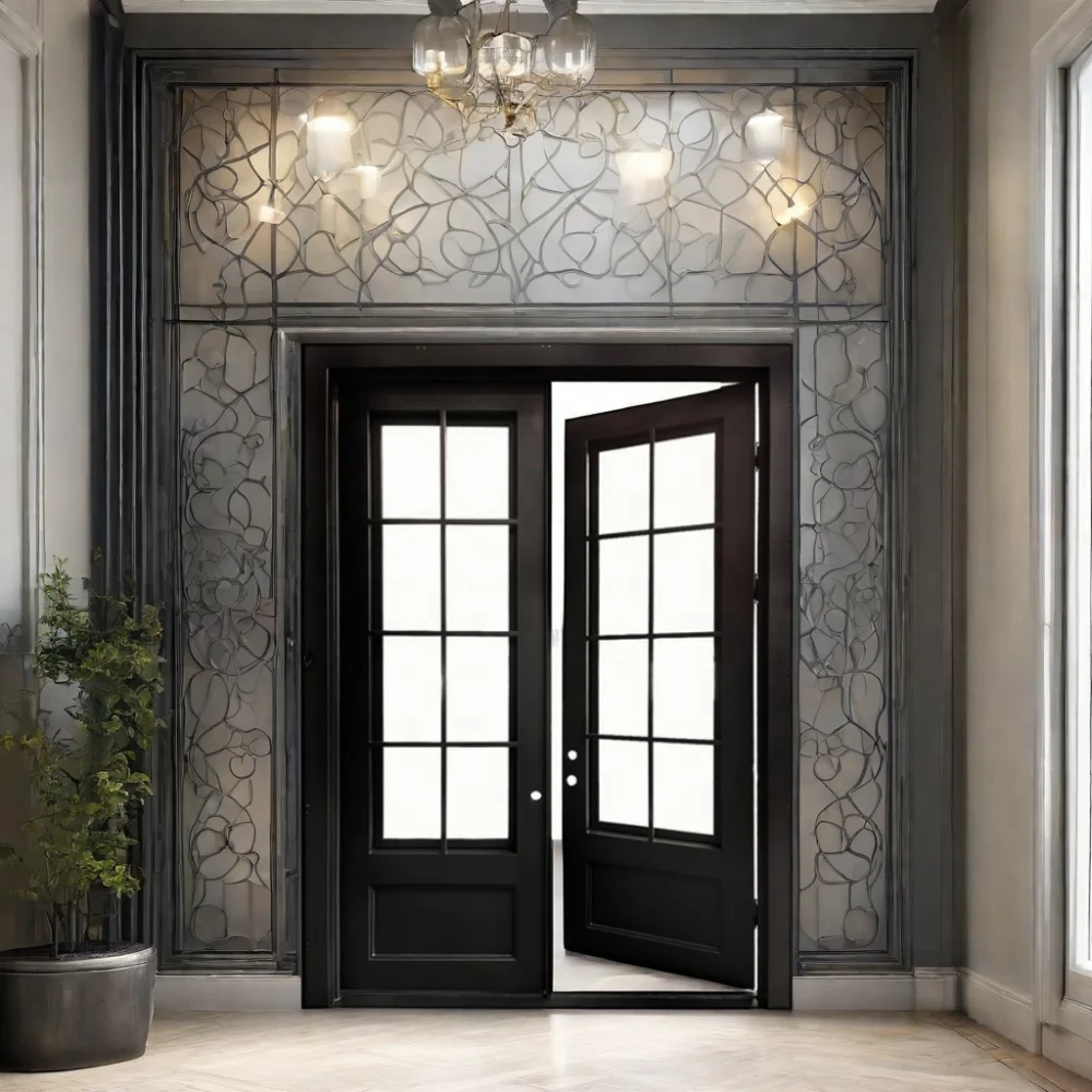 Modern Luxury Wrought Iron French Door With Tempered Glass Swing Style Steel Material For Interior And Exterior Entry Doors