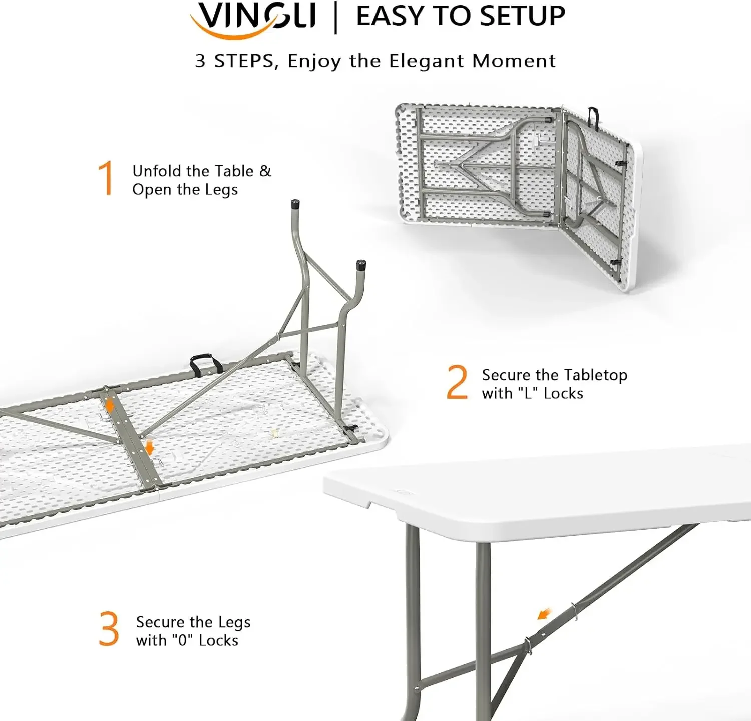 Mesa plegable de plástico de 8 pies, mesa blanca larga portátil para uso interior y exterior, rectangular con asa de transporte