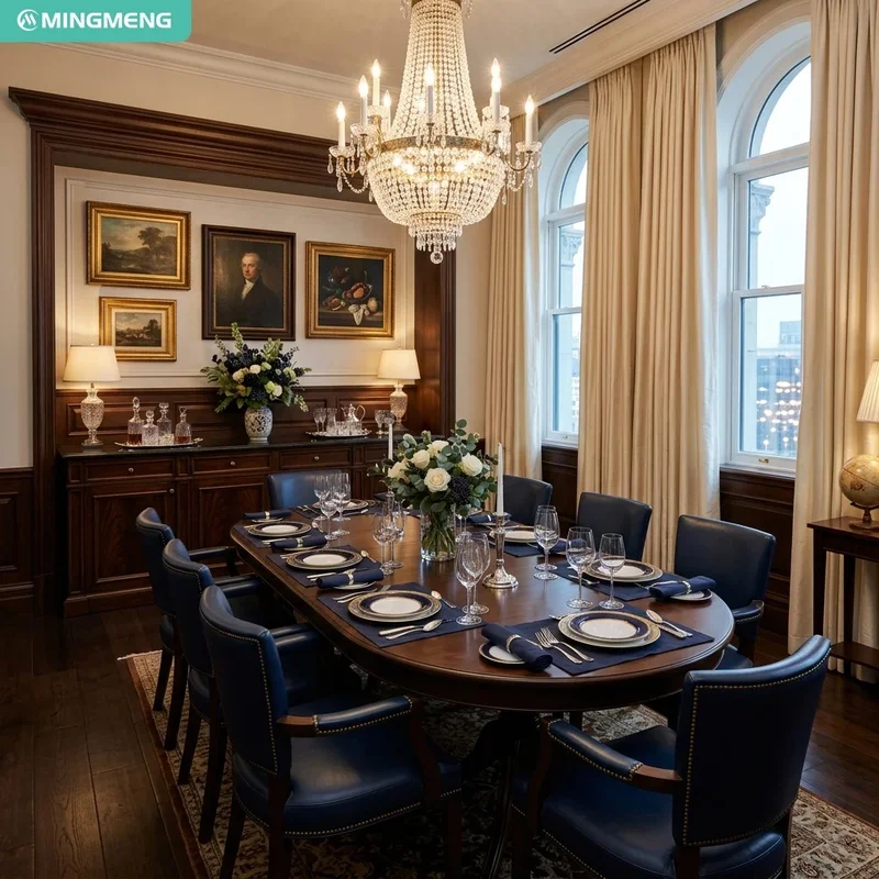 Luxury Classic Oval Dining Table Leather Armchair Solid Wood Formal Dining Set for Hotel Private Club Villa Boardroom