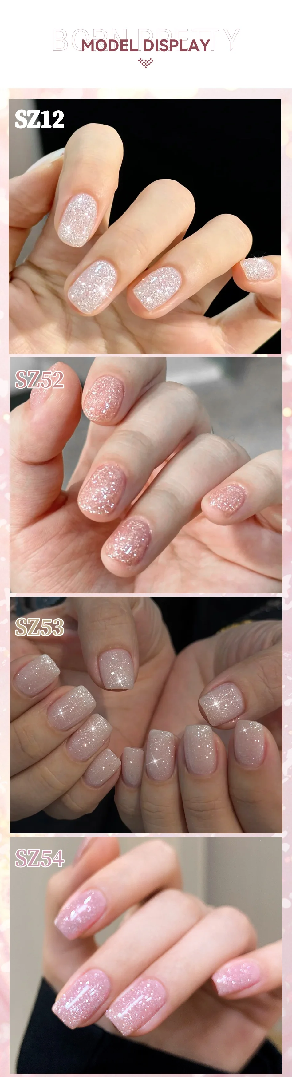 BORN PRETTY 10ml Nude Pink Flash Glitter Gel Nagellack UV LED Soak-Off Langanhaltender Funkelnder Nagelkunst-Lack für DIY-Maniküre zu Hause – Detail 3