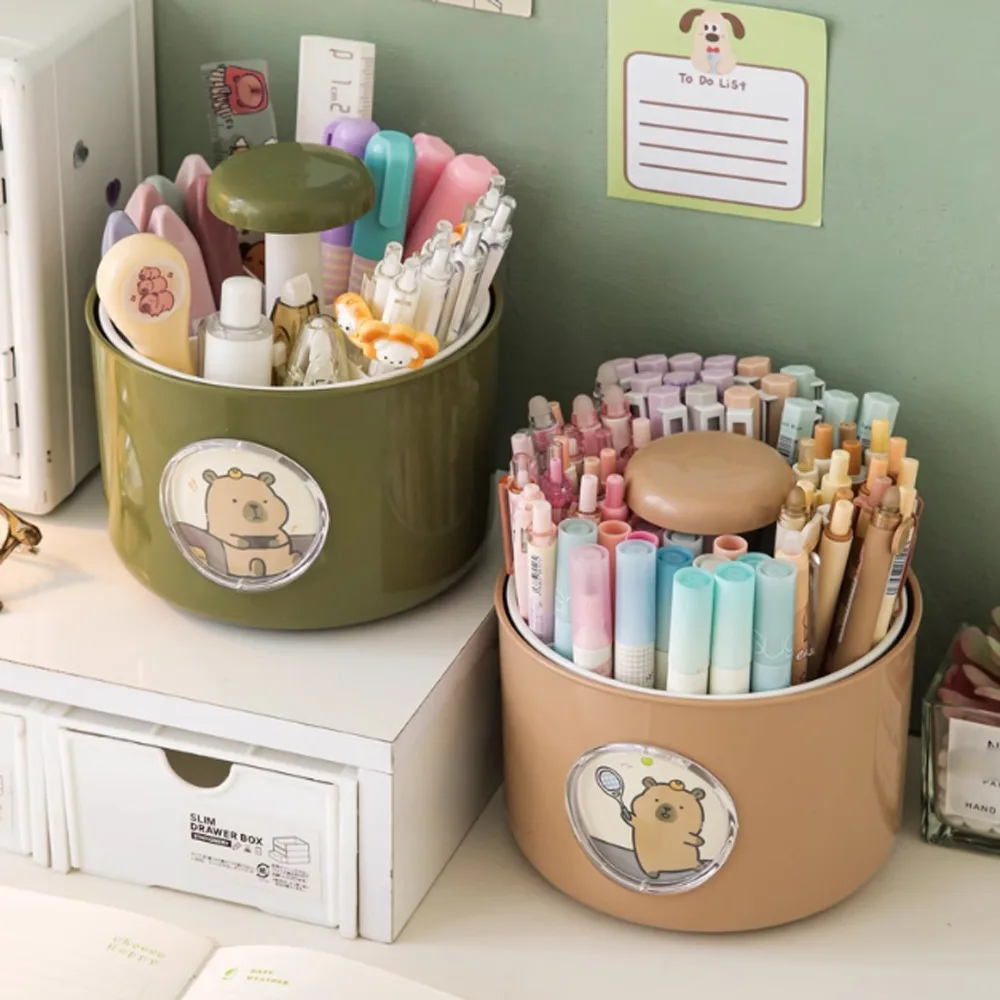 

Вращающийся держатель для ручек с 4 узорами капибары, 4 сетки, большой емкости, настольный ящик для хранения капибары, милый многофункциональный