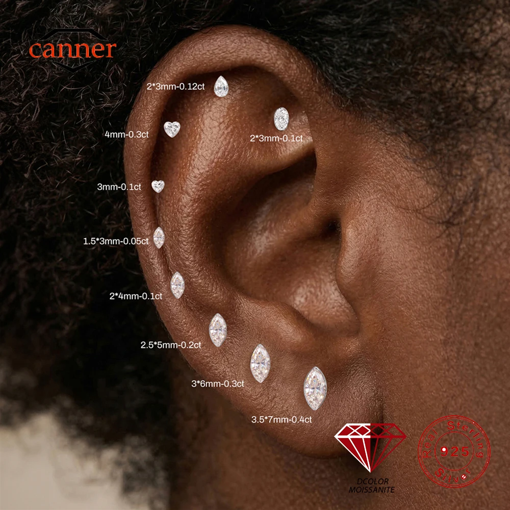 CANNER 1PC D Color Horse Eye Geometric Moissanite Luxury Flat Back Piercing Ear Bone Women 925 Sterling Silver Sparkling Jewelry