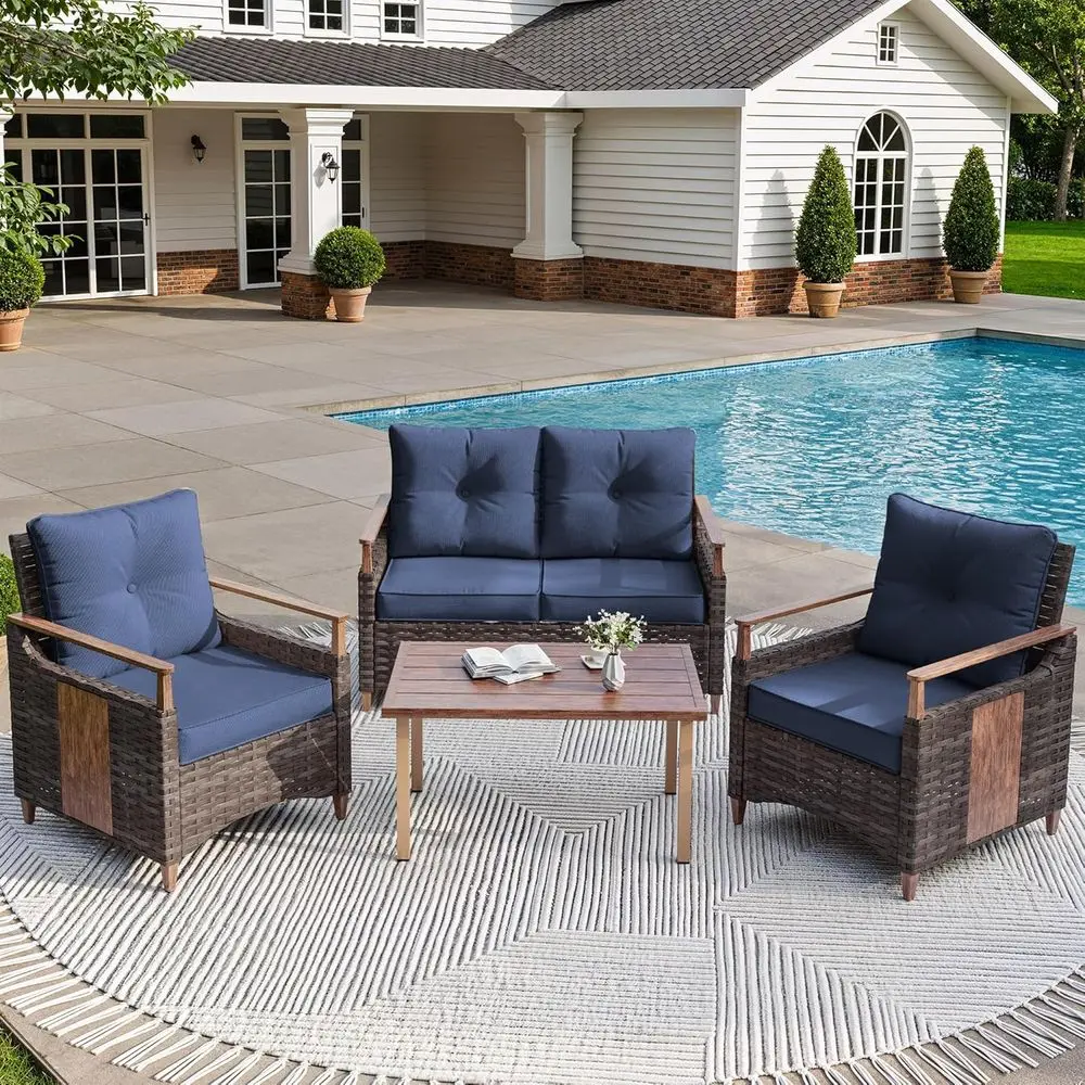 

4 Pieces Patio urniture Set, Outdoor Contion Set with All-Weather Handwoven PE Wicker Soa, Rattan Chairs and Thick Cushion, Love