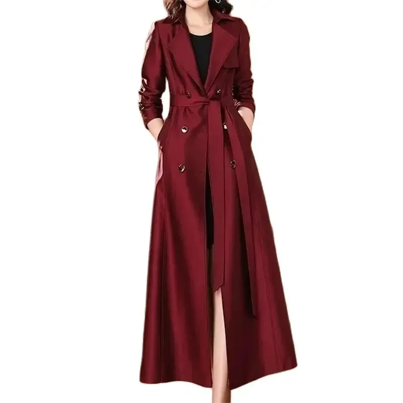 

Pop NEW Wine-red Super-long Trench Coat Women Windbreaker Overcoat Spring Autumn Belt Slim Tops Female Elegant Long Outerwear