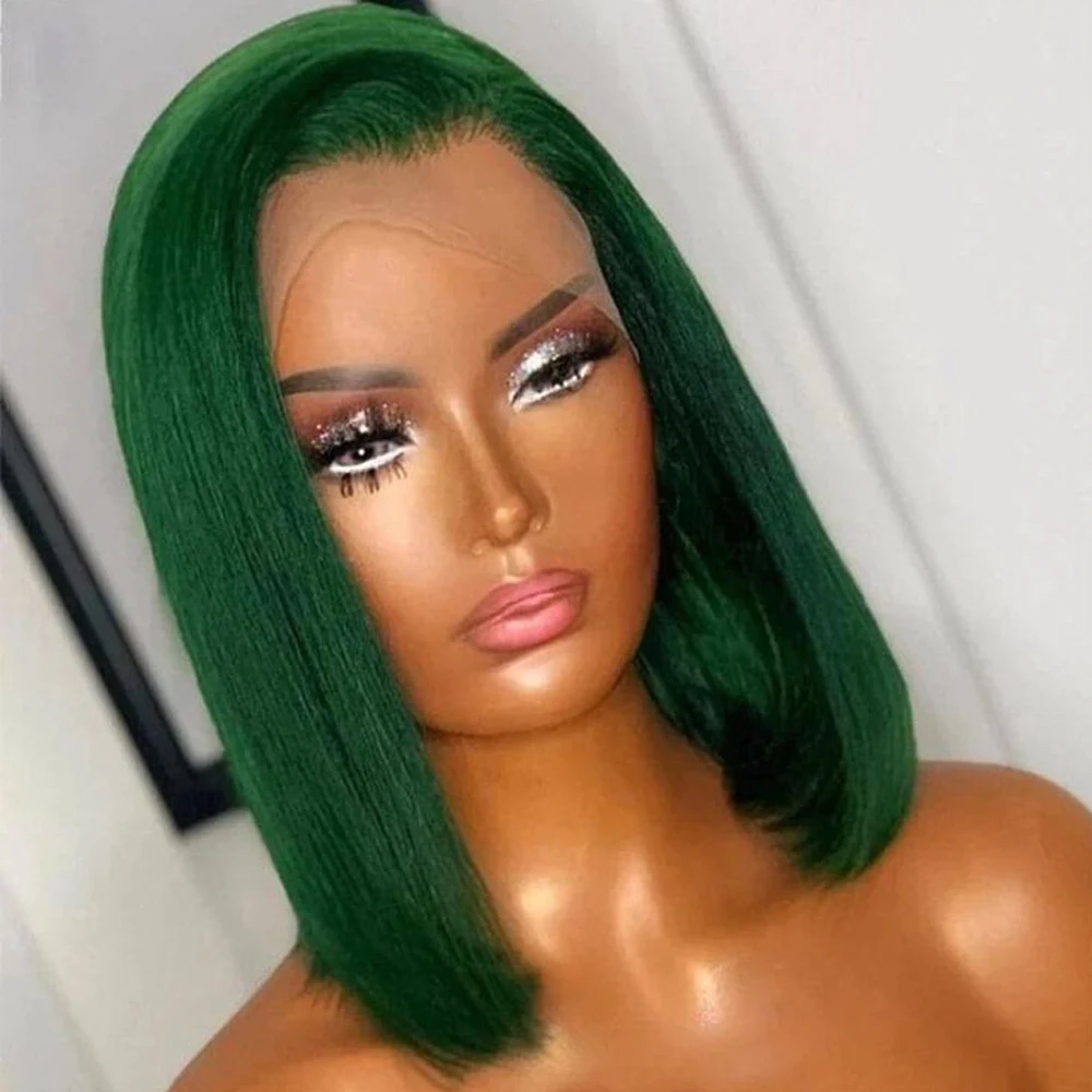 Black Green Short Straight Bob 13x4 Lace Front Human Hair Wig  Glueless Remy Brazilian Hair 180% Density  For Woman Perfect