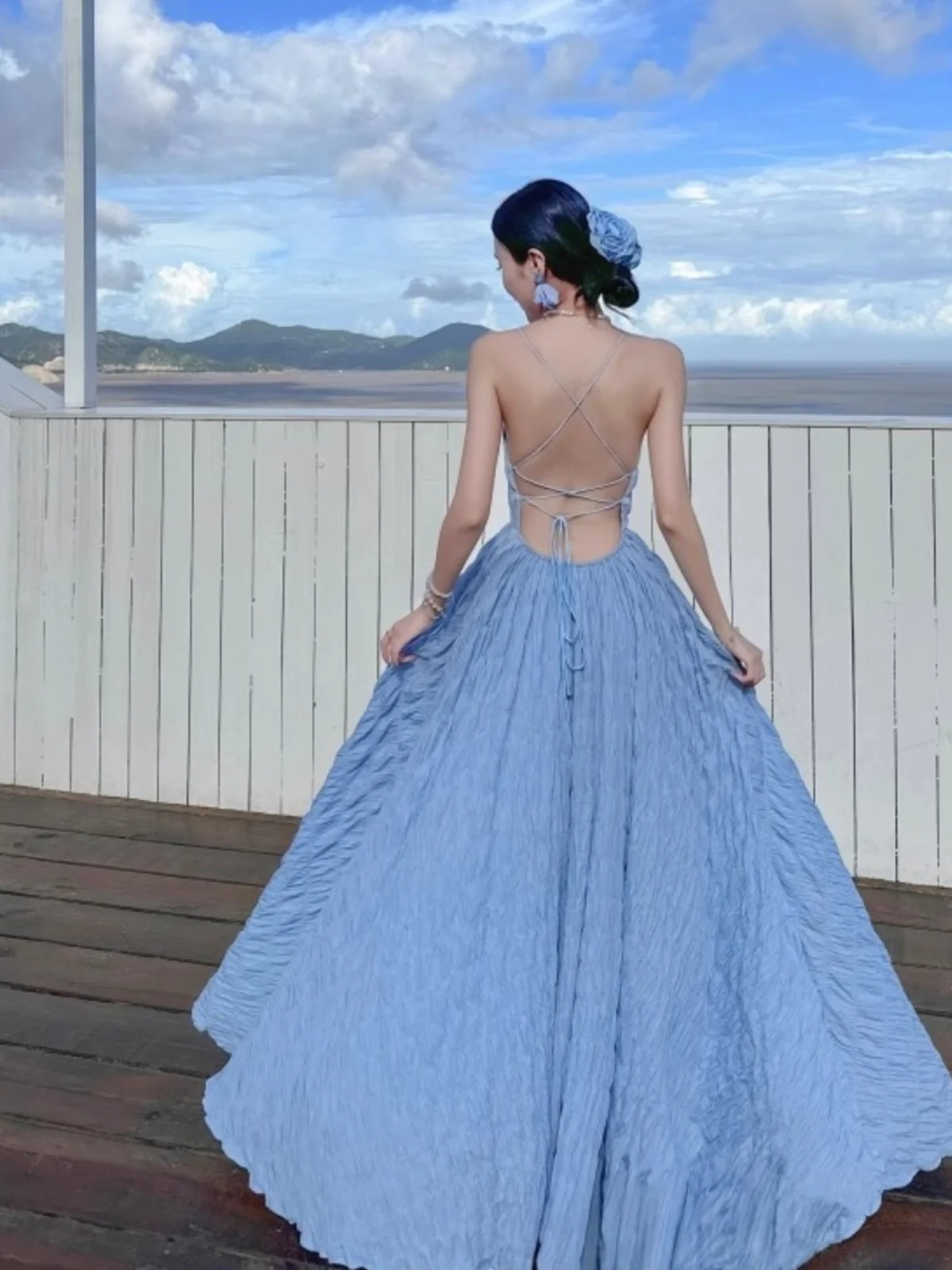 Sanya Seaside Vacation Beach Skirt Backless Dress French sle Temperament Long dress To Ankle Exta-long Gentle Sle