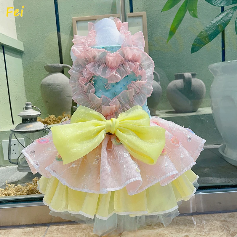 Luxury Handmade Rainbow Bow Sequin Princess Dress for Small Medium Dogs Colorful Candy Style Poodle Skirt Pet Clothes