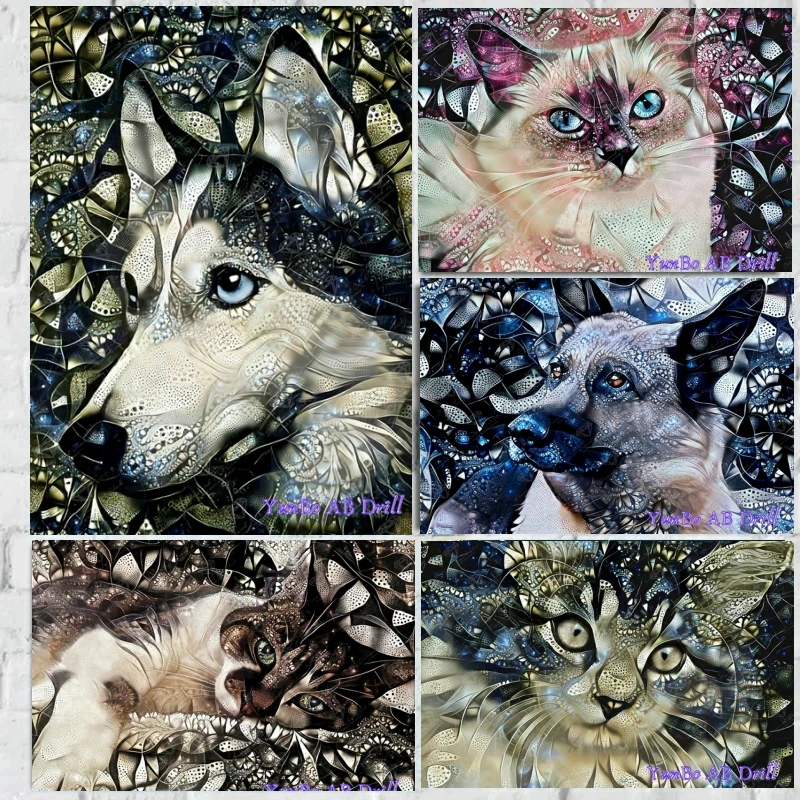 AB Drill Stained Glass Pretty Kitty Art DIY Diamond Painting Silver Shepherd Husky Dog Cross Stitch Rhinestone Home Decor Gift