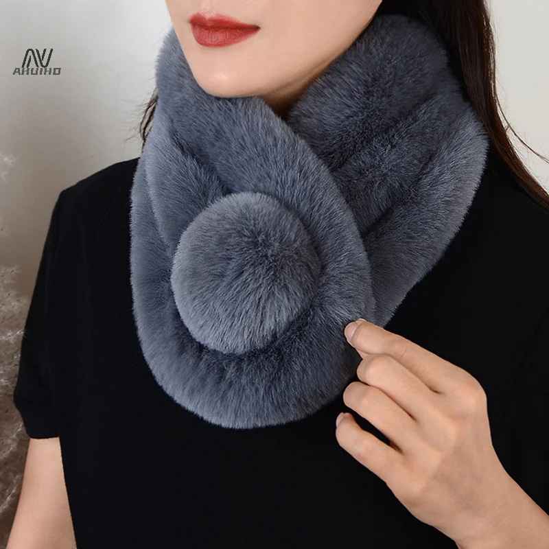 Autumn Winter Fur Rabbit Scarf Plush Thick Women's Cross Neck Warmer Collar Casual Female Lady Outdoor Furry Scarves