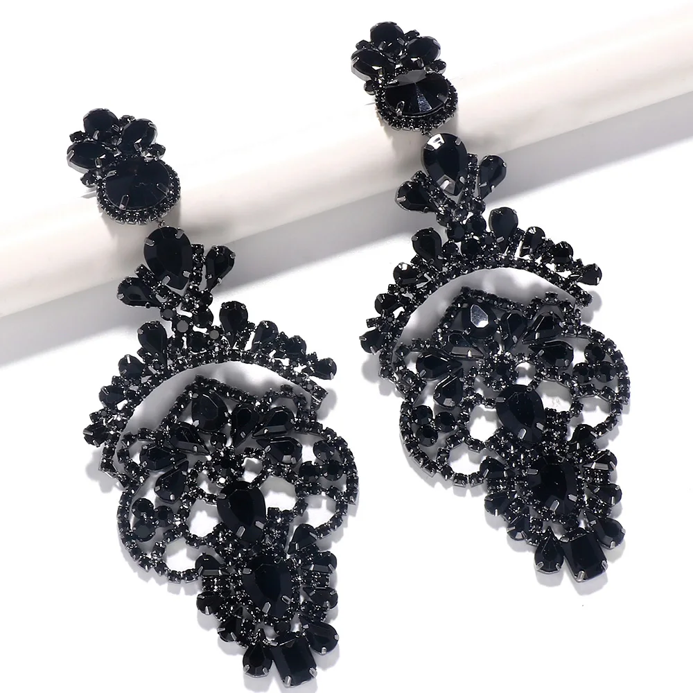 Exaggerated Black Crystal Earrings Statement Accessories 2024 for Women Oversize Rhinestone Large Dangle Earrings Prom Jewelry