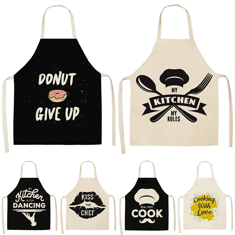 Cake Letters Women\'s Kitchen Cotton Linen Apron Black Bib Household CleaningCooking