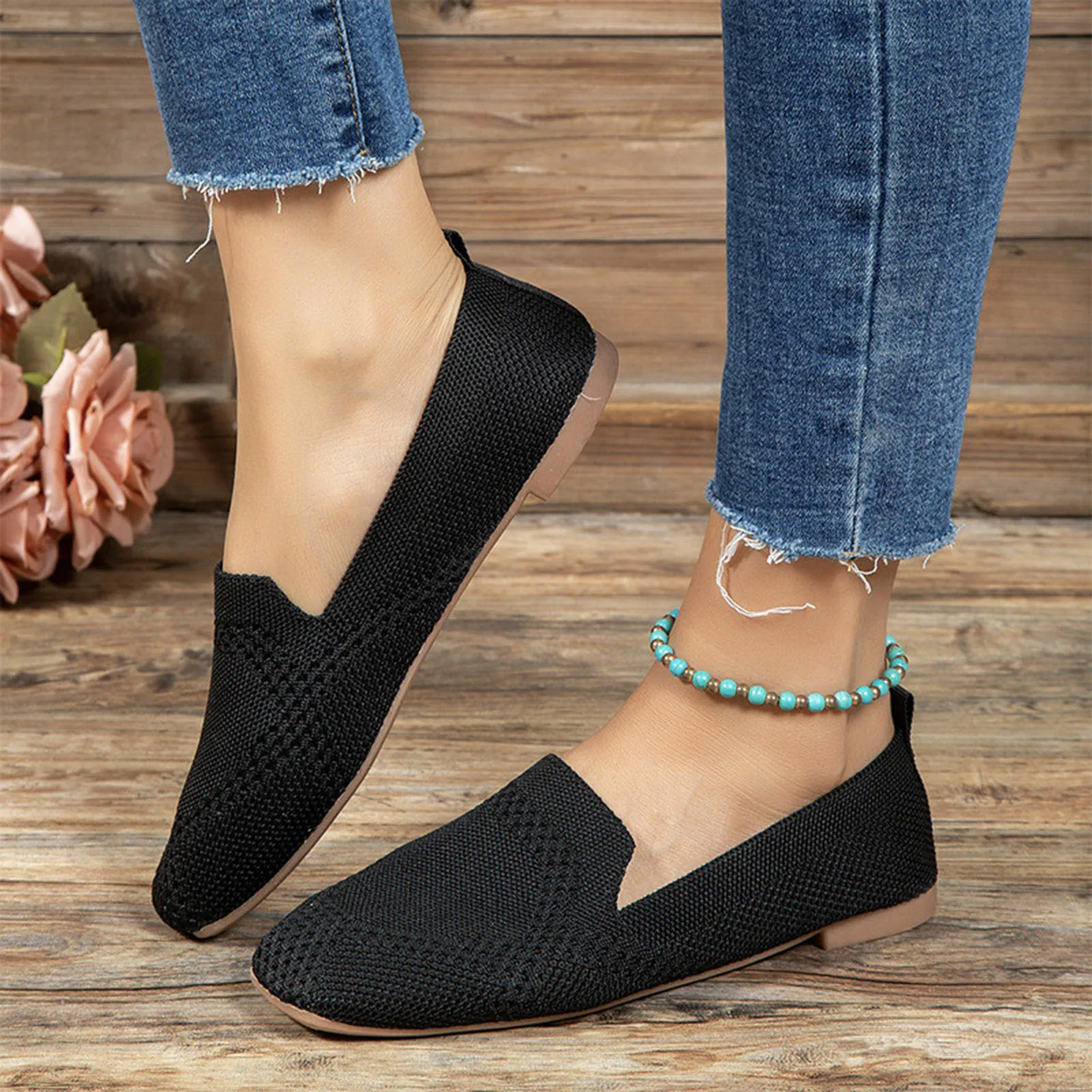 Ladies Solid Color Shallow Shoes Solid Breathable Mesh Knitted Flat Comfortable Casual Shoes Slip On Non Slip Daily Flat Shoes