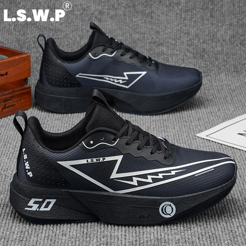 Men's Running Shoes, Tennis Shoes, Professional Racing Running Shoes, Lightweight Perforated Mesh Fabric, Feel Light on the Feet and Don'T Stuffy the Feet. High-Rebound Midsole with Carbon Plate for Added Boost, Anti-Slip Textured Outsole That Is Wear-Resistant and Durable, Trendy Geometric Print, Suitable for Physical Testing, Outdoor Running, and Fitness.