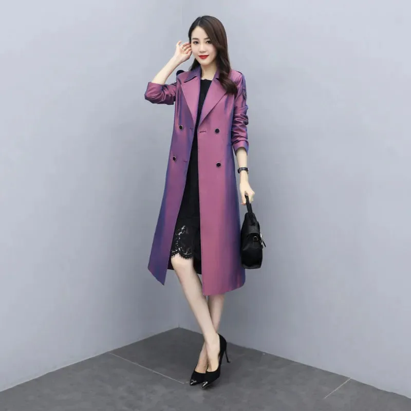 Purple Women\'s Windbreaker Coats 2023 Spring Autumn New Chameleon Chic Long Trench Coat Over The Knee Overcoat Outerwear Female