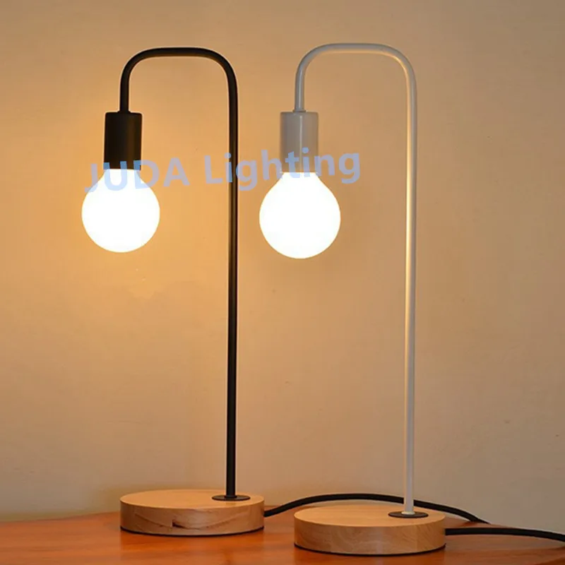 E27 LED Desk Lamp Loft Industrial Nightstand Lamps Wooden Base Table Lamp Vintage Bedside light for Living Room Office Bedroom