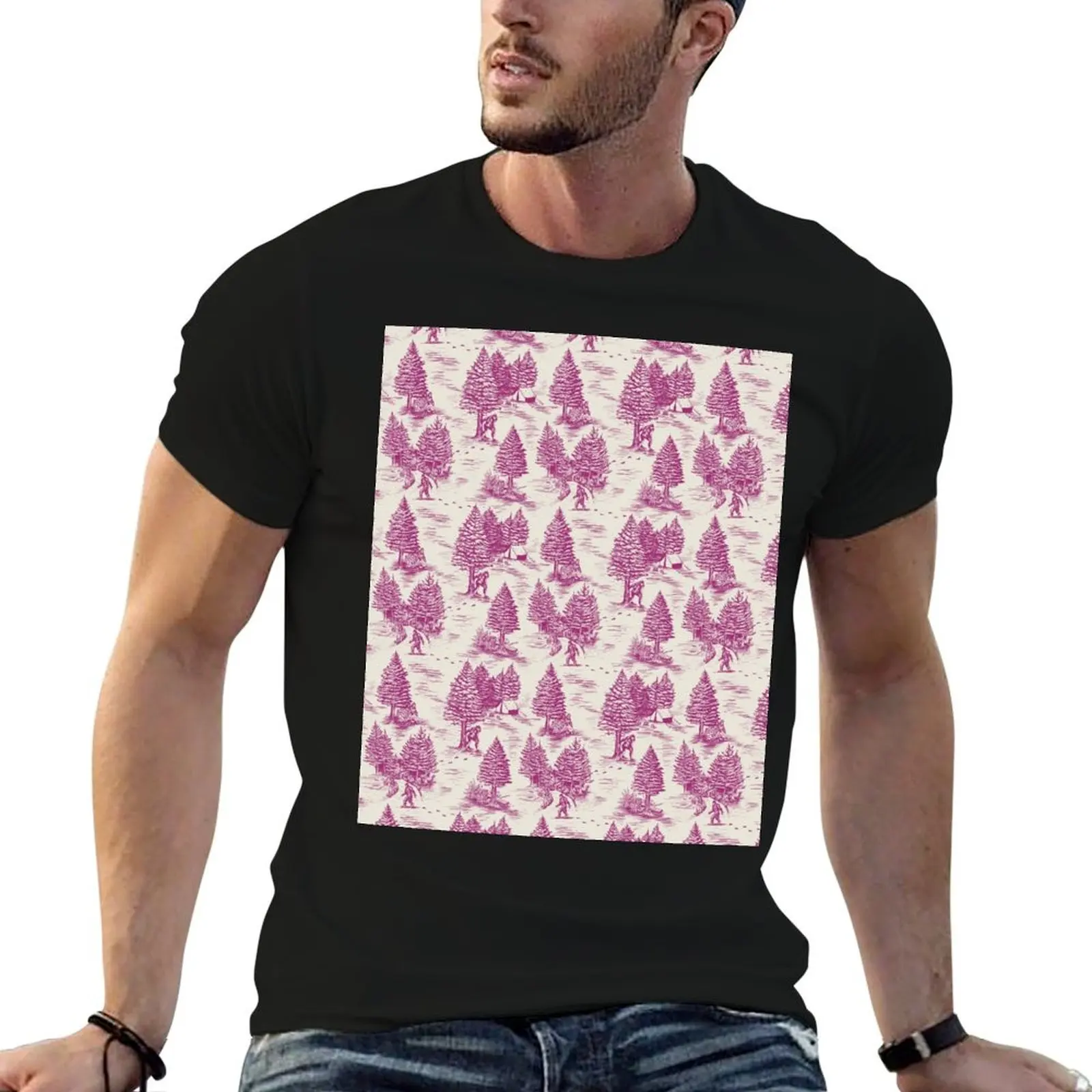 Magenta Bigfoot / Sasquatch Toile de Jouy T-Shirt designer shirts Blouse funny t shirts for men