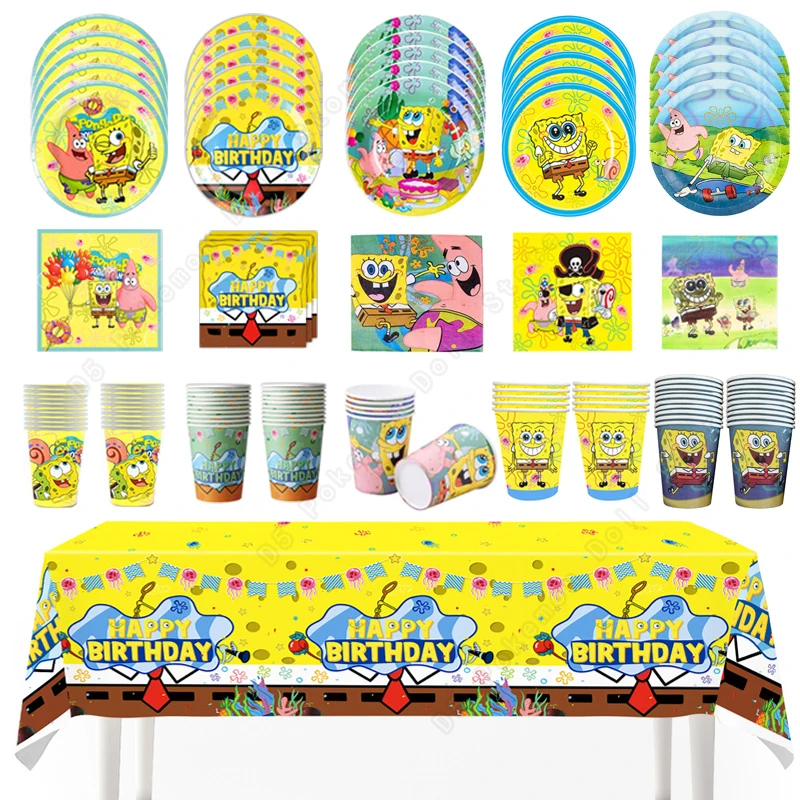 SpongeBob SquarePants Party Decorations Disposable Tableware Cup Plate Tablecloth Kids Birthday Party Baby Shower Birthday Theme