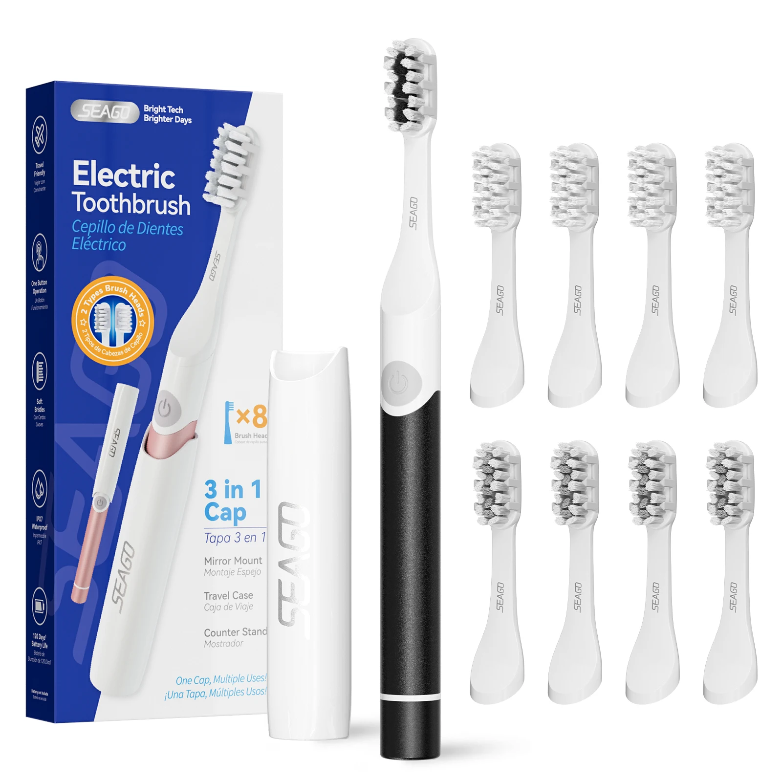 

Электрическая зубная щетка Seago с 8 сменными насадками, портативная, для путешествий, 3 в 1, с пылезащитным чехлом, для чистки языка, алюминиевая ручка, 2102
